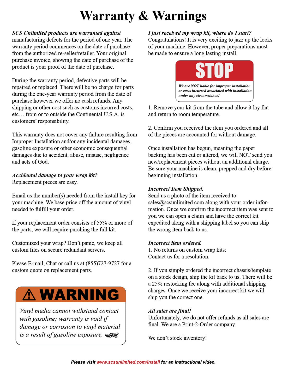Install Key Warranty & Warnings